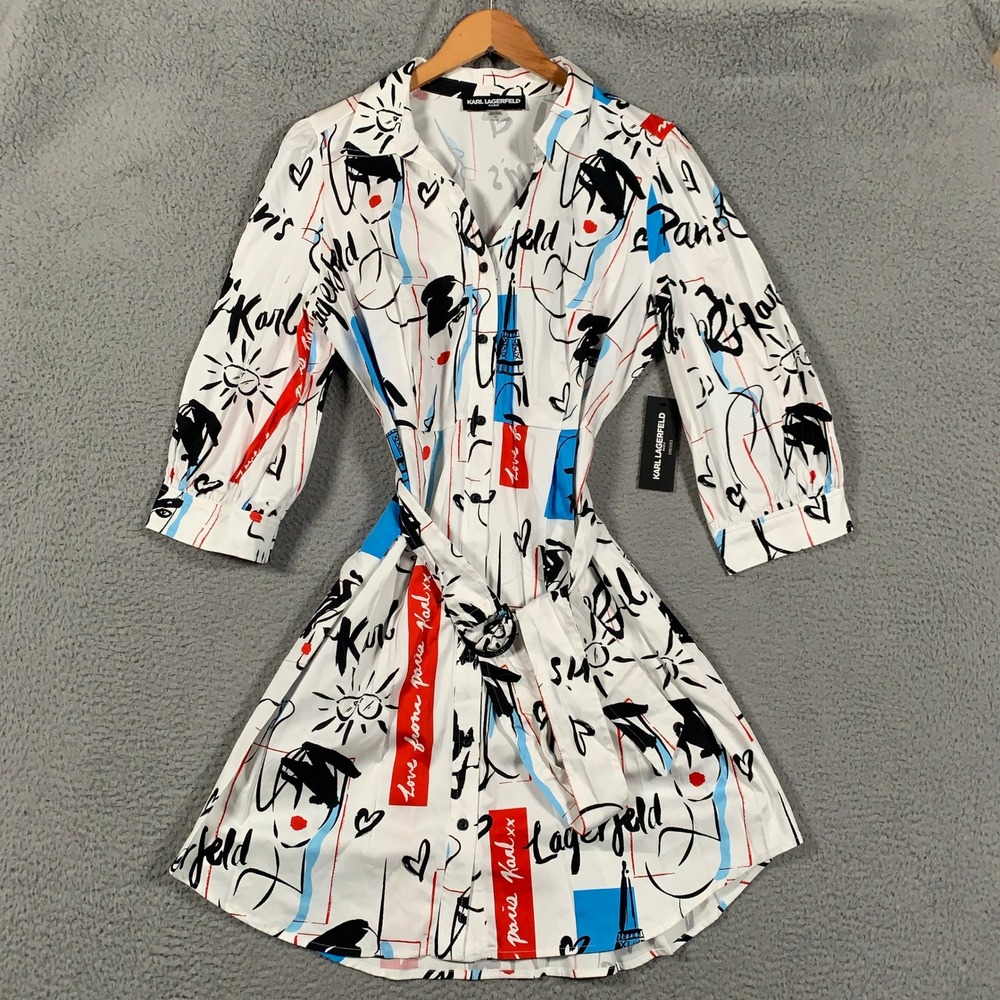 Karl Lagerfeld Paris Pop Art Shirt Dress Women 16 White Multi Belted Knee Length